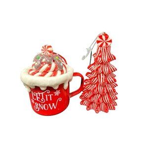 Peppermint Tree Cocoa Mug Ornament Set Christmas Holiday Festive Candyland Red